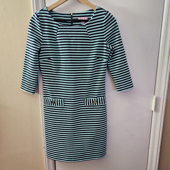 Lilly Pulitzer Dress Sz S Charlene Tropez Blue Green Stripe Ottoman 3/4 Sleeve - Picture 2 of 8